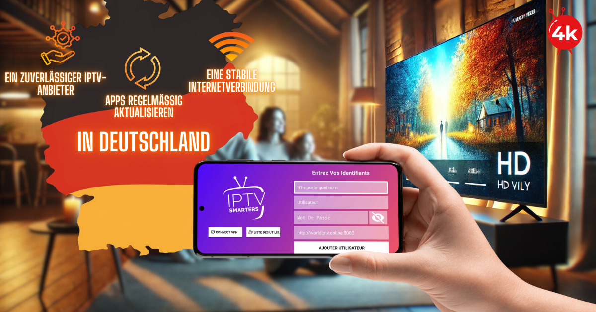 IPTV KAUFEN: Hand hält ein Smartphone mit IPTV Smarters Pro, vor einer Familie, die einen großen HD-Fernseher in Deutschland schaut. Zusätzliche Tipps wie stabile Internetverbindung, regelmäßige App-Updates und zuverlässige IPTV-Anbieter hervorgehoben.