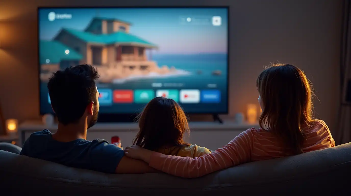 Familie sitzt gemeinsam auf dem Sofa und schaut IPTV auf einem Smart-TV

